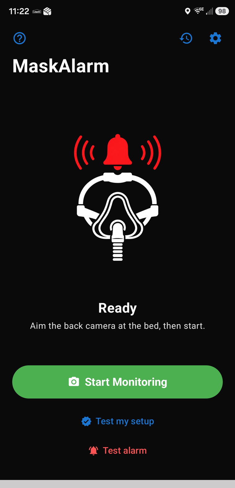 MaskAlarm app — CPAP mask-off alarm Ready screen with Start Monitoring